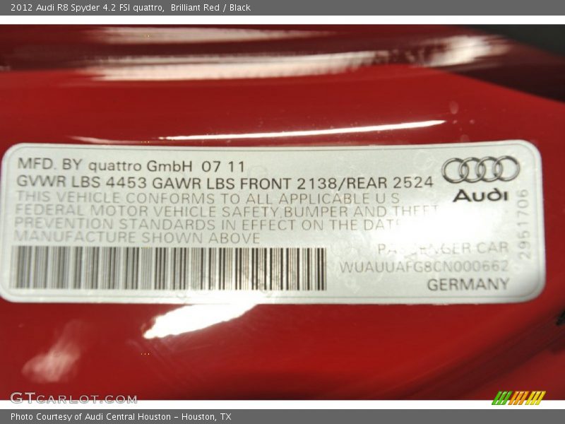 Info Tag of 2012 R8 Spyder 4.2 FSI quattro