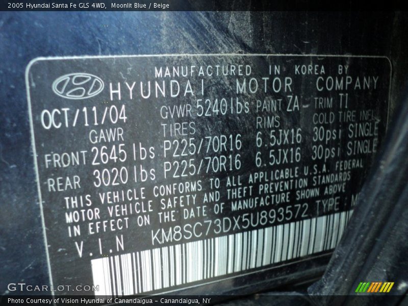 Moonlit Blue / Beige 2005 Hyundai Santa Fe GLS 4WD