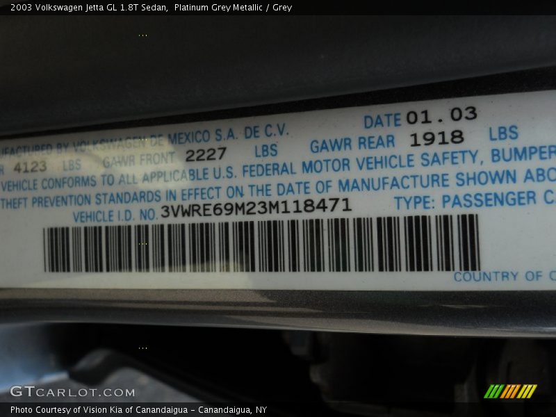 Platinum Grey Metallic / Grey 2003 Volkswagen Jetta GL 1.8T Sedan