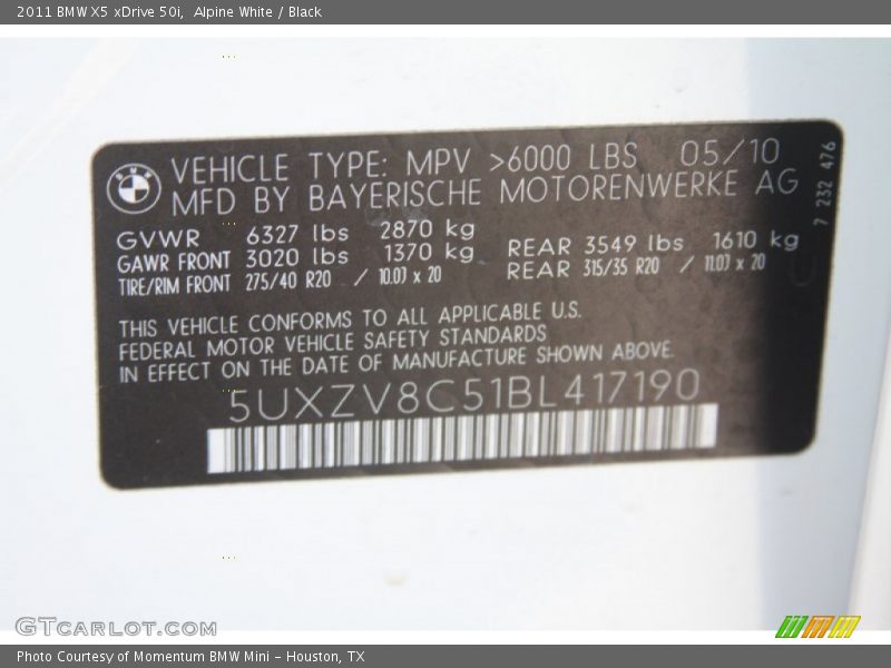 Alpine White / Black 2011 BMW X5 xDrive 50i