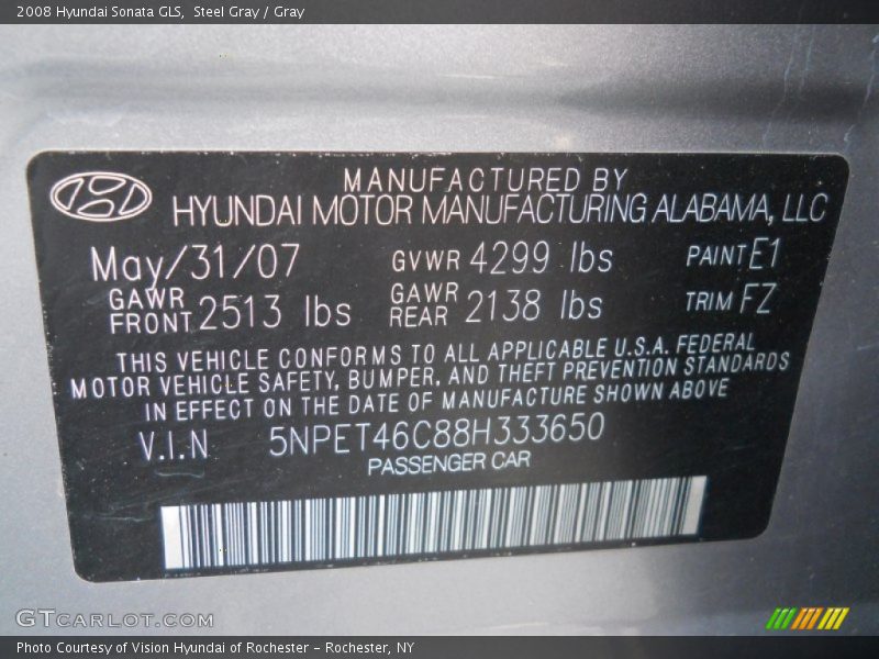 Steel Gray / Gray 2008 Hyundai Sonata GLS