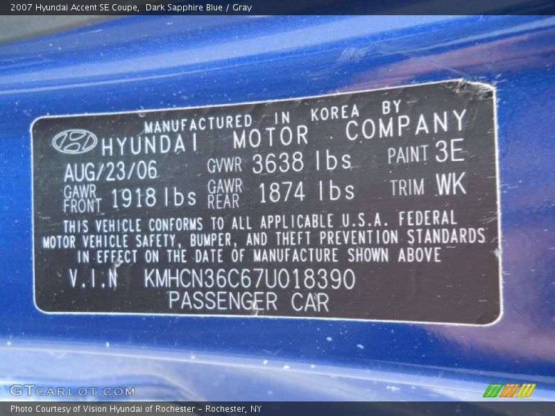 Dark Sapphire Blue / Gray 2007 Hyundai Accent SE Coupe