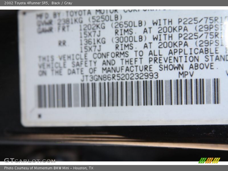 Black / Gray 2002 Toyota 4Runner SR5