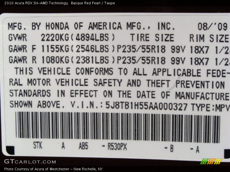 2010 RDX SH-AWD Technology Basque Red Pearl Color Code R530PX