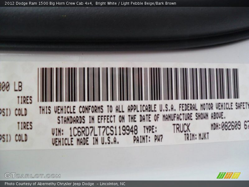 Bright White / Light Pebble Beige/Bark Brown 2012 Dodge Ram 1500 Big Horn Crew Cab 4x4