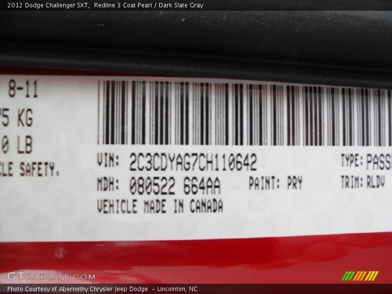 Redline 3 Coat Pearl / Dark Slate Gray 2012 Dodge Challenger SXT
