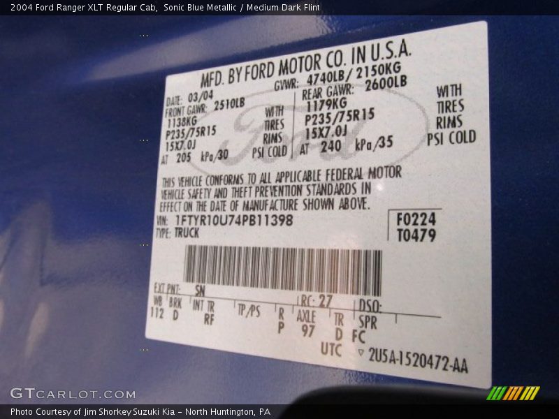 Sonic Blue Metallic / Medium Dark Flint 2004 Ford Ranger XLT Regular Cab