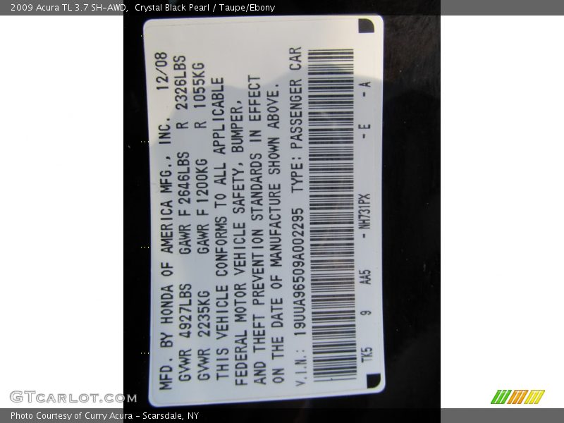 Crystal Black Pearl / Taupe/Ebony 2009 Acura TL 3.7 SH-AWD
