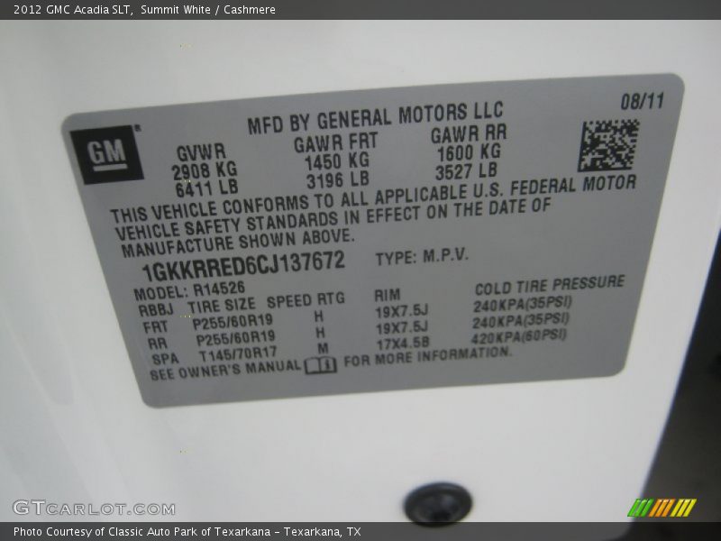 Summit White / Cashmere 2012 GMC Acadia SLT
