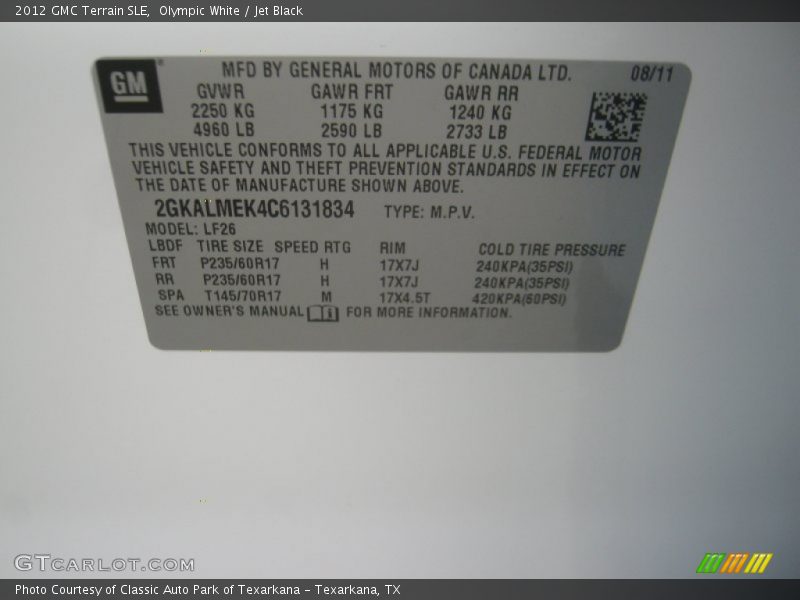 Olympic White / Jet Black 2012 GMC Terrain SLE