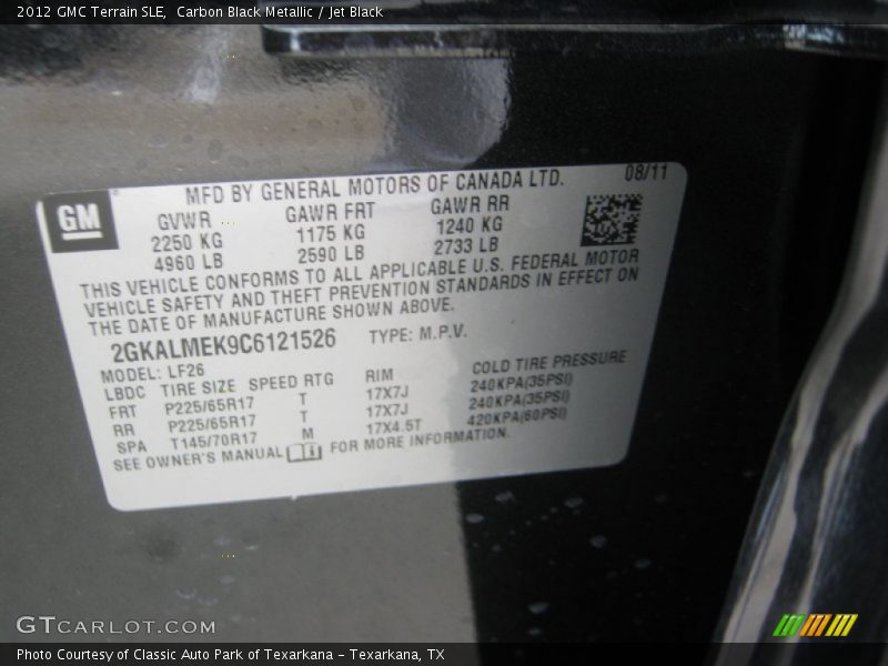 Carbon Black Metallic / Jet Black 2012 GMC Terrain SLE