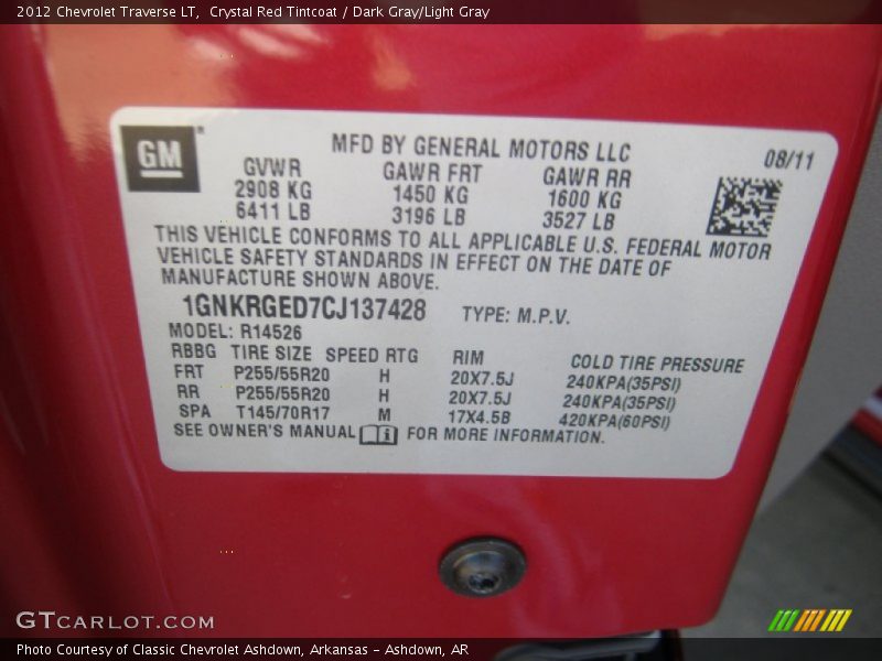Crystal Red Tintcoat / Dark Gray/Light Gray 2012 Chevrolet Traverse LT