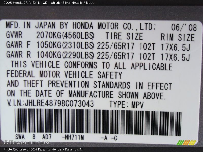 Whistler Silver Metallic / Black 2008 Honda CR-V EX-L 4WD
