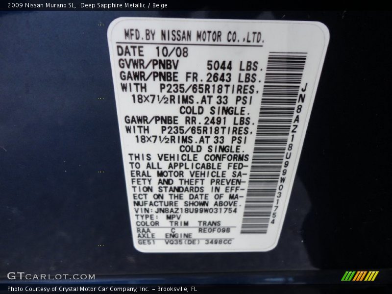 Deep Sapphire Metallic / Beige 2009 Nissan Murano SL