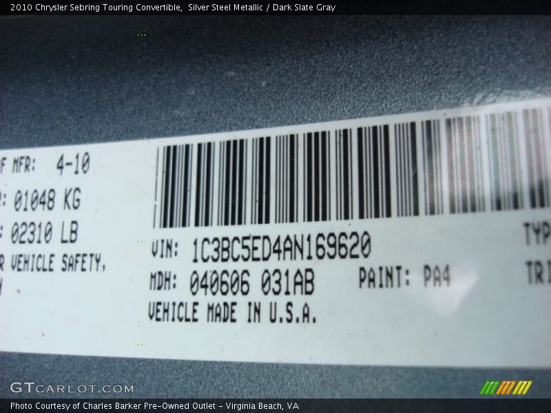 Silver Steel Metallic / Dark Slate Gray 2010 Chrysler Sebring Touring Convertible