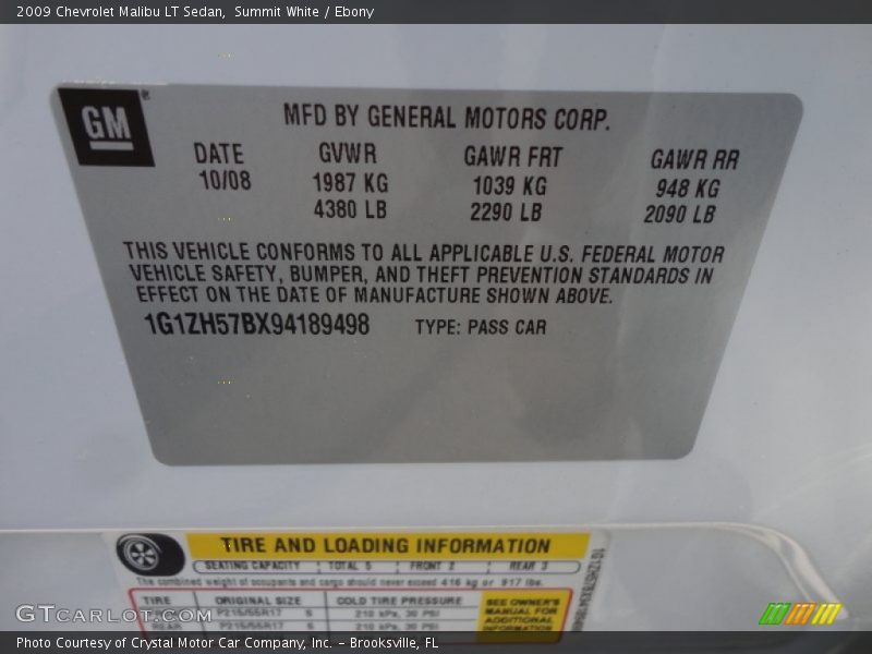 Summit White / Ebony 2009 Chevrolet Malibu LT Sedan