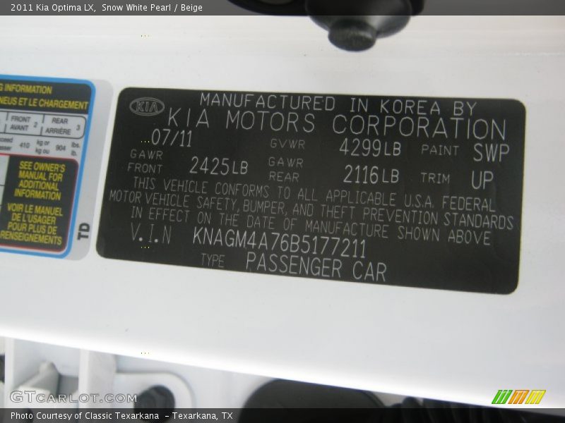 Snow White Pearl / Beige 2011 Kia Optima LX