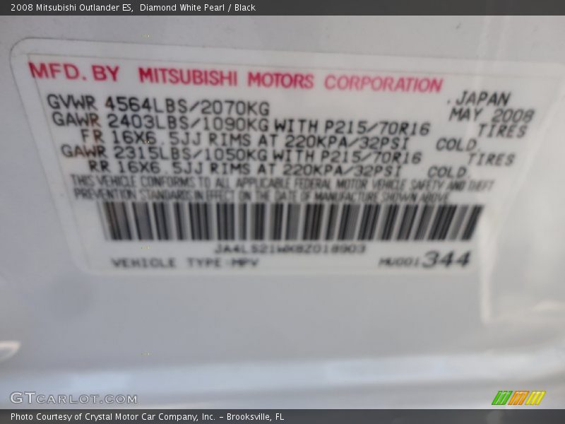 Diamond White Pearl / Black 2008 Mitsubishi Outlander ES