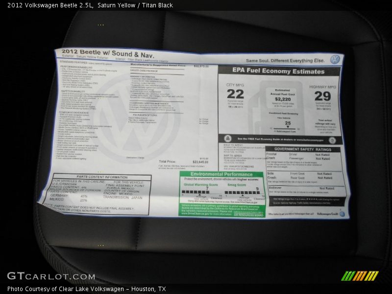  2012 Beetle 2.5L Window Sticker