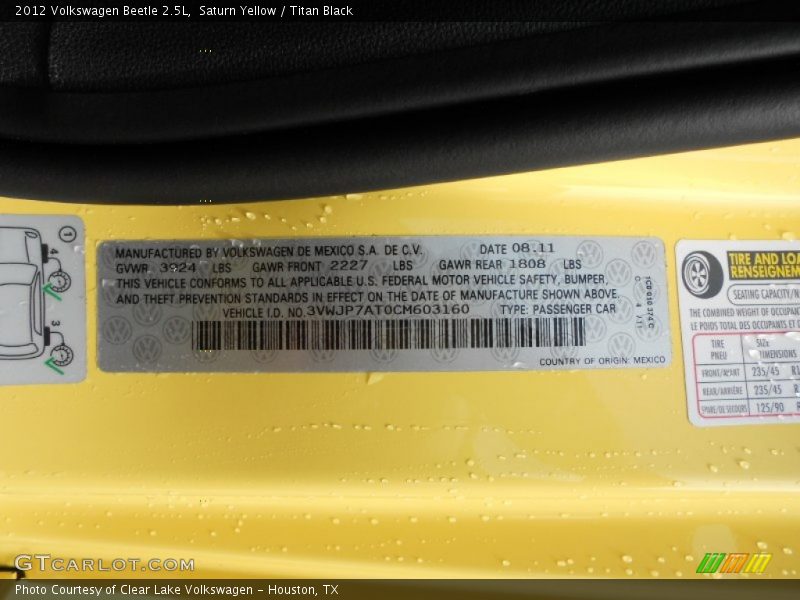 Info Tag of 2012 Beetle 2.5L