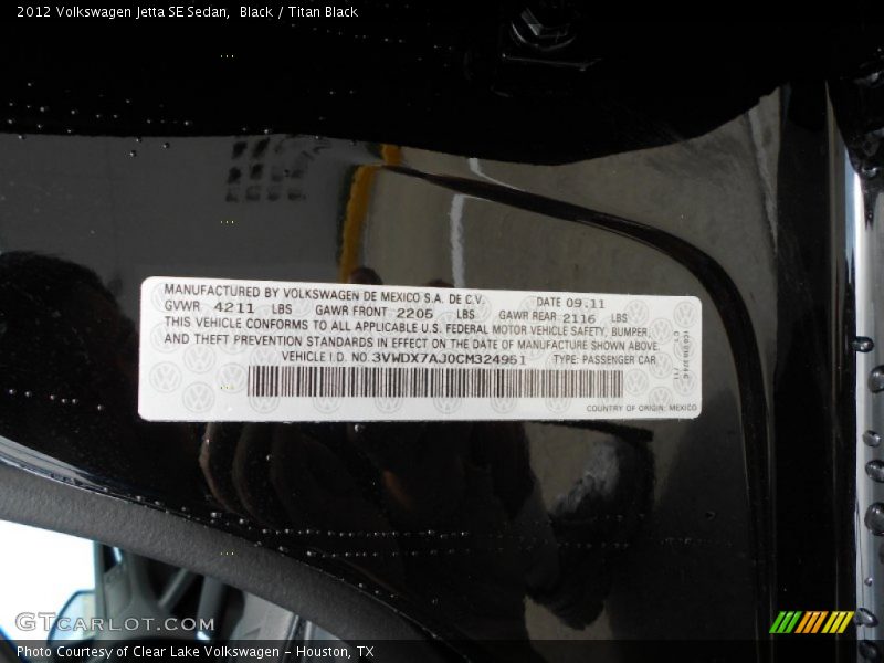 Black / Titan Black 2012 Volkswagen Jetta SE Sedan