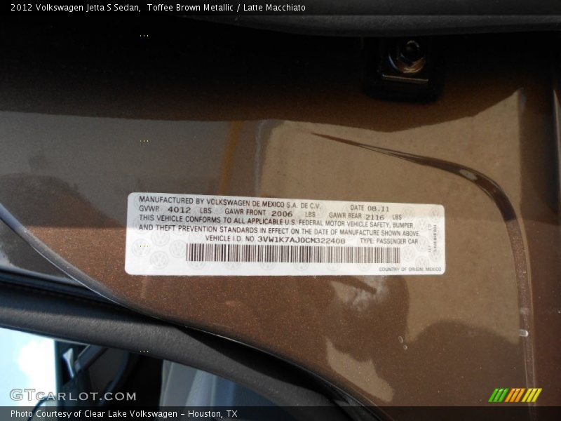 Toffee Brown Metallic / Latte Macchiato 2012 Volkswagen Jetta S Sedan