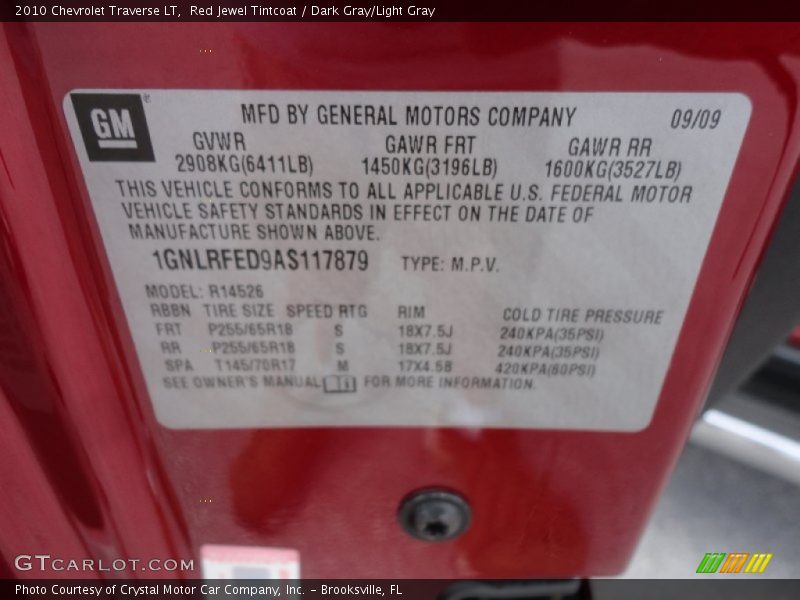 Red Jewel Tintcoat / Dark Gray/Light Gray 2010 Chevrolet Traverse LT