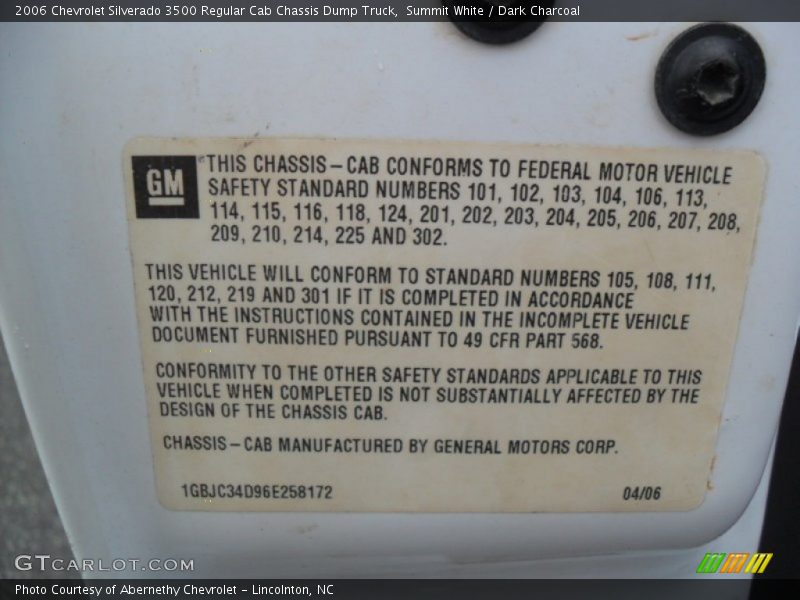 Info Tag of 2006 Silverado 3500 Regular Cab Chassis Dump Truck