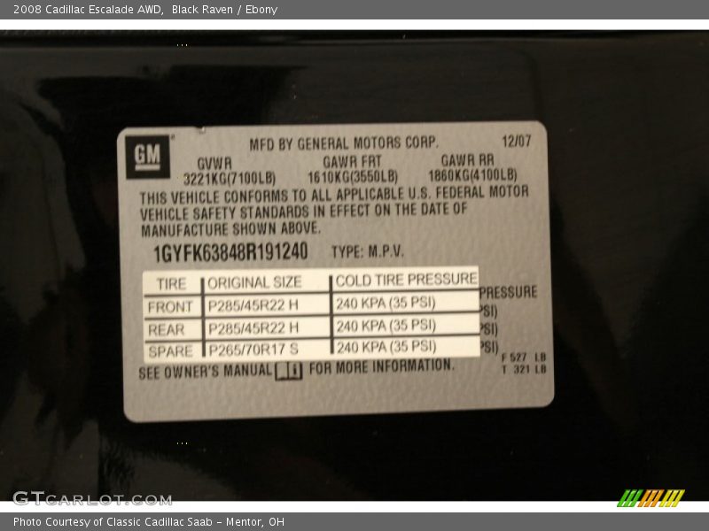 Info Tag of 2008 Escalade AWD
