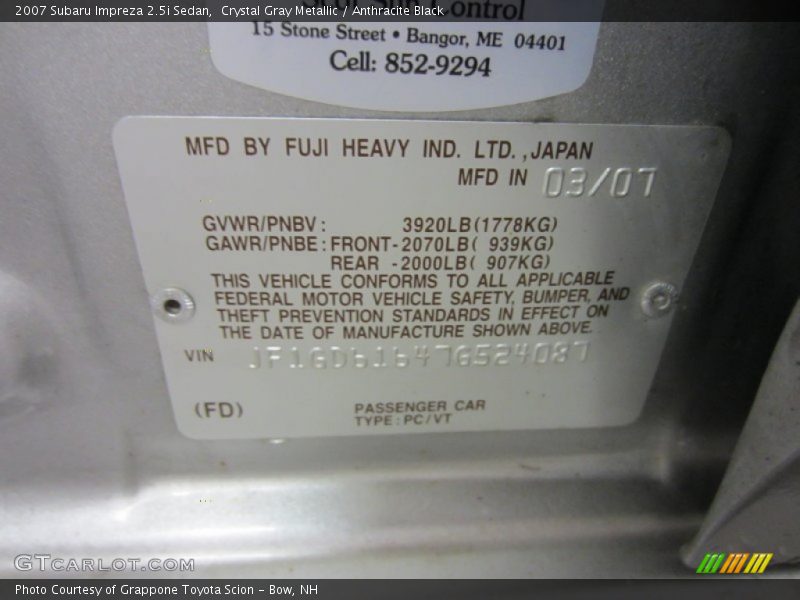 Crystal Gray Metallic / Anthracite Black 2007 Subaru Impreza 2.5i Sedan