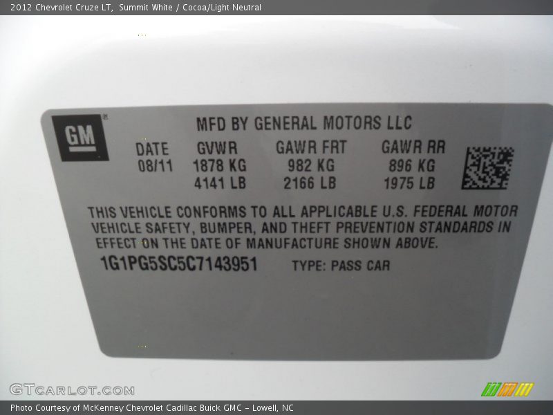 Summit White / Cocoa/Light Neutral 2012 Chevrolet Cruze LT
