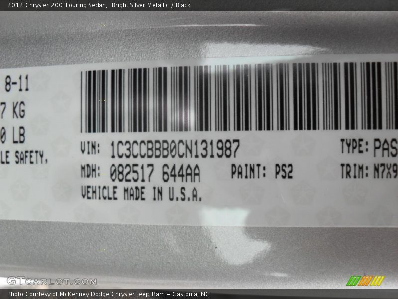2012 200 Touring Sedan Bright Silver Metallic Color Code PS2
