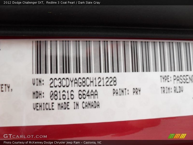 Redline 3 Coat Pearl / Dark Slate Gray 2012 Dodge Challenger SXT