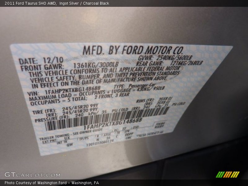 2011 Taurus SHO AWD Ingot Silver Color Code UX