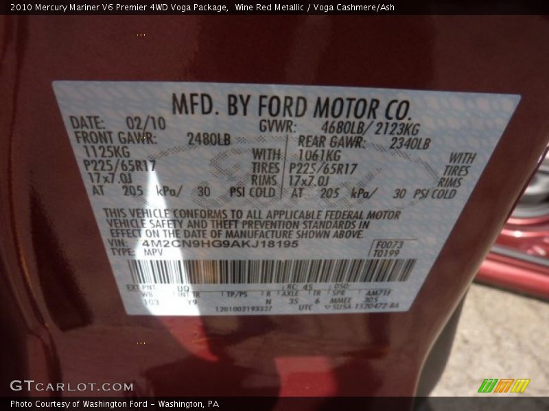 2010 Mariner V6 Premier 4WD Voga Package Wine Red Metallic Color Code UQ