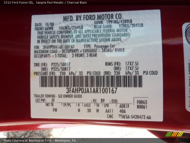 Sangria Red Metallic / Charcoal Black 2010 Ford Fusion SEL