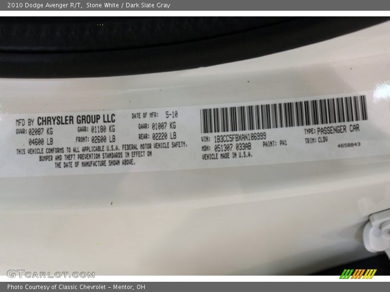 Stone White / Dark Slate Gray 2010 Dodge Avenger R/T