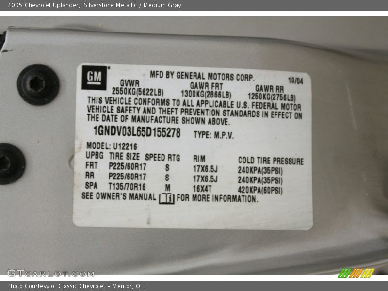 Info Tag of 2005 Uplander 