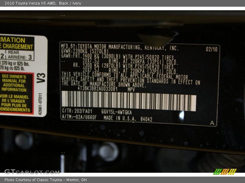 Black / Ivory 2010 Toyota Venza V6 AWD