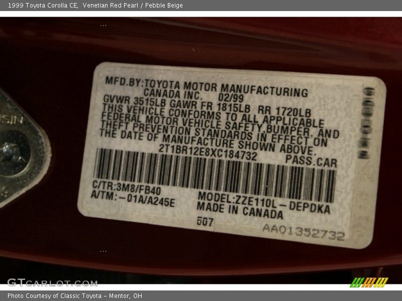Venetian Red Pearl / Pebble Beige 1999 Toyota Corolla CE