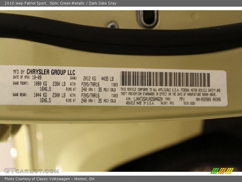 Optic Green Metallic / Dark Slate Gray 2010 Jeep Patriot Sport