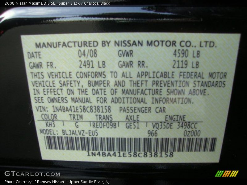 Super Black / Charcoal Black 2008 Nissan Maxima 3.5 SE