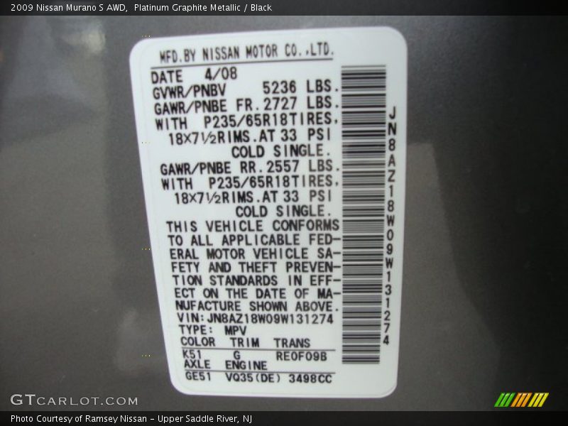 Platinum Graphite Metallic / Black 2009 Nissan Murano S AWD