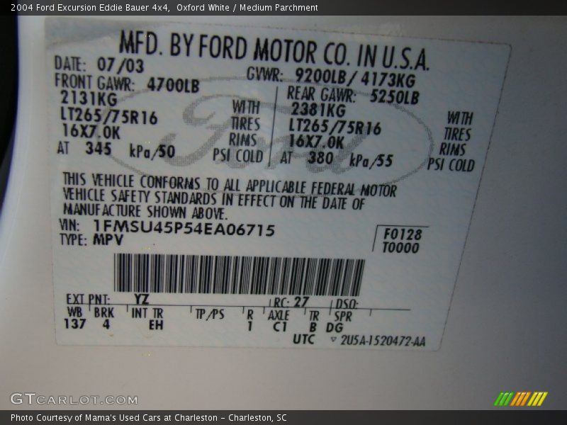 2004 Excursion Eddie Bauer 4x4 Oxford White Color Code YZ