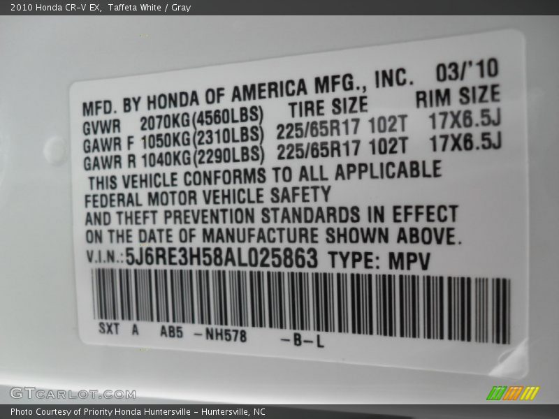 Taffeta White / Gray 2010 Honda CR-V EX