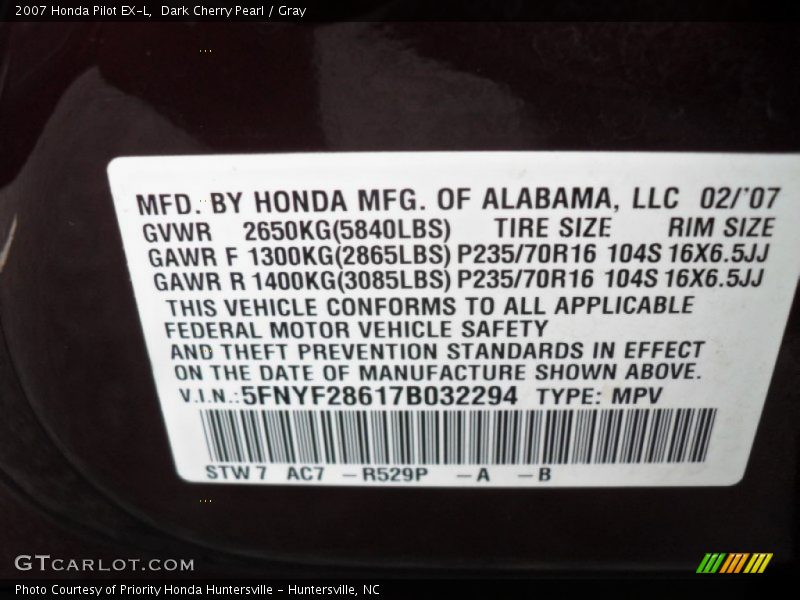 Dark Cherry Pearl / Gray 2007 Honda Pilot EX-L