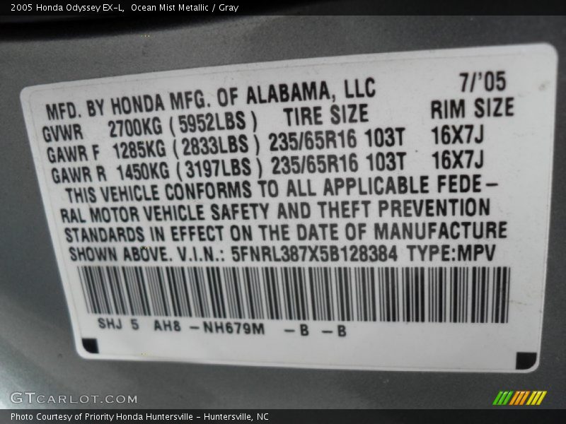 Ocean Mist Metallic / Gray 2005 Honda Odyssey EX-L