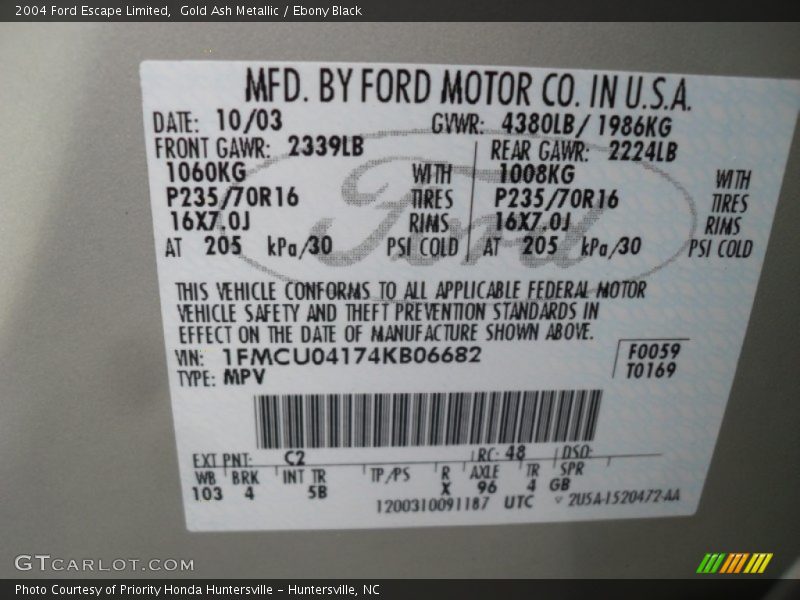 2004 Escape Limited Gold Ash Metallic Color Code C2