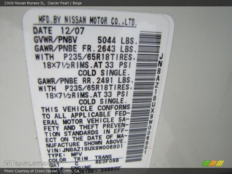 Glacier Pearl / Beige 2009 Nissan Murano SL