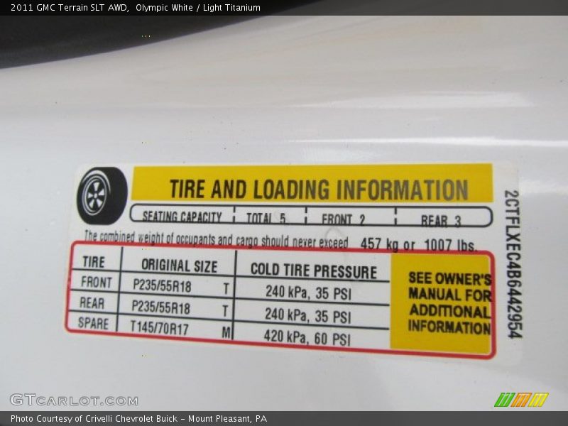 Info Tag of 2011 Terrain SLT AWD